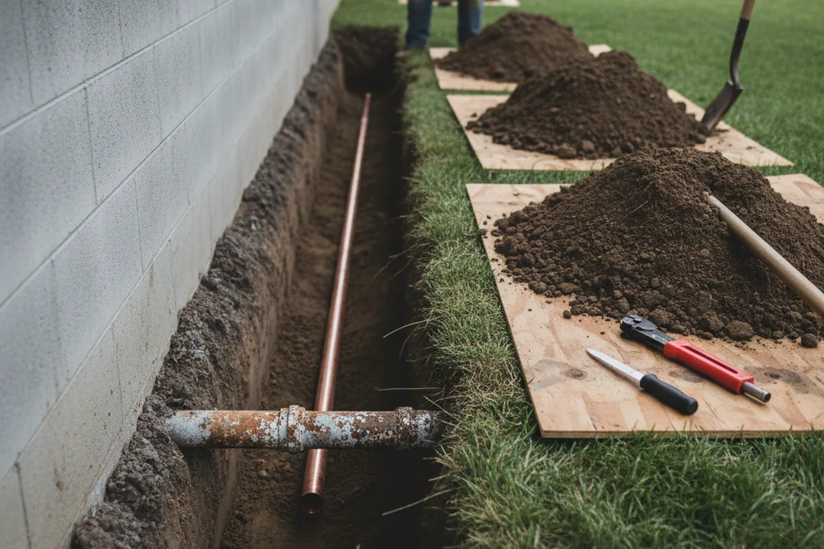 Excavated water line trench during Sewer Line Repair in Hockley